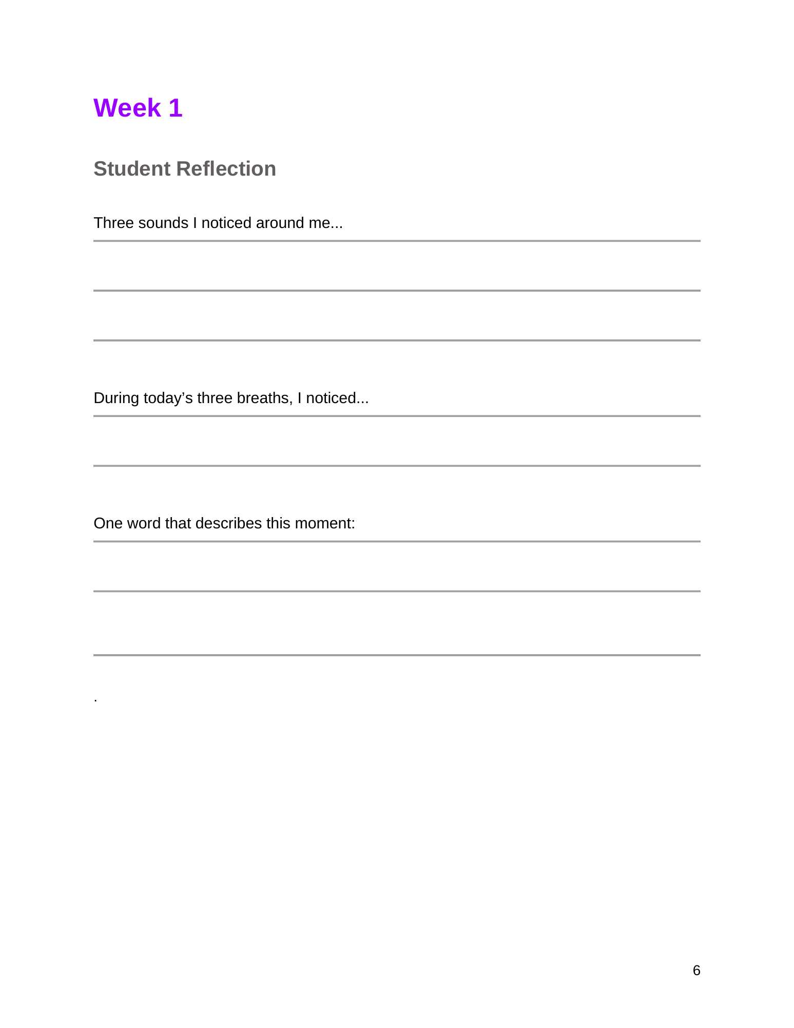 Week 1 Student Reflection page from Mindfulness Moments
