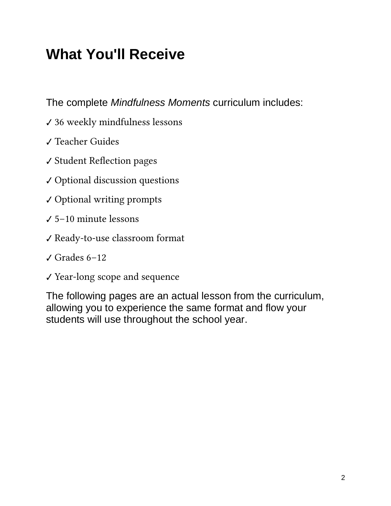What You’ll Receive page from the Mindfulness Moments Curriculum Preview